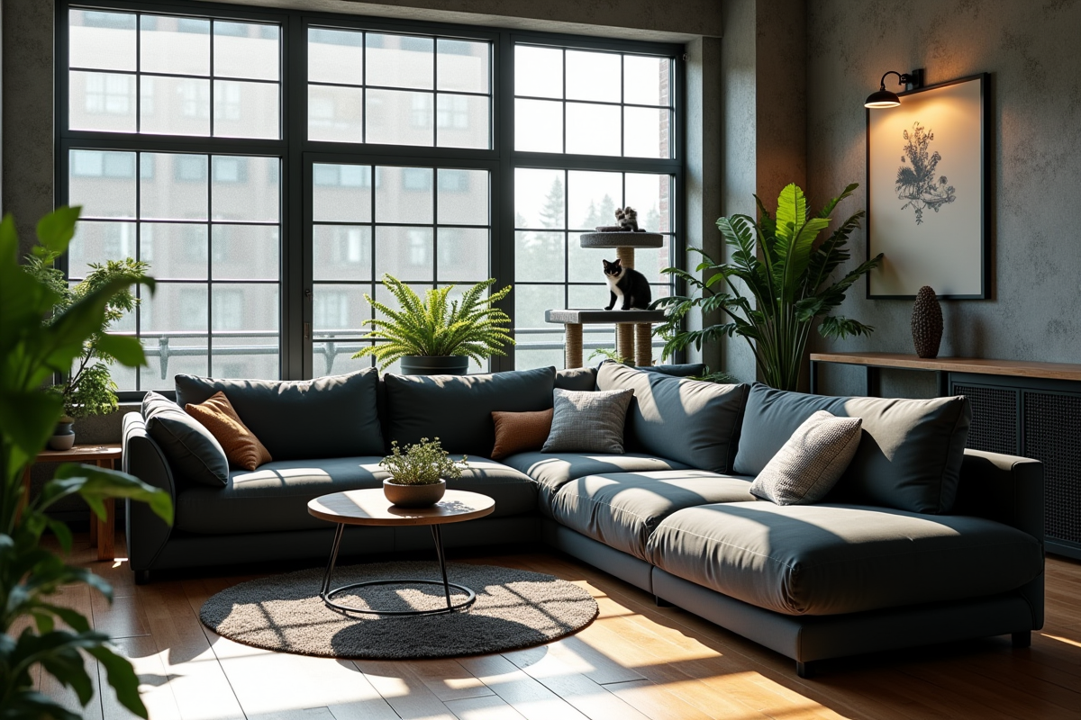 Loft contemporain avec arbre à chat gris et chat joueur