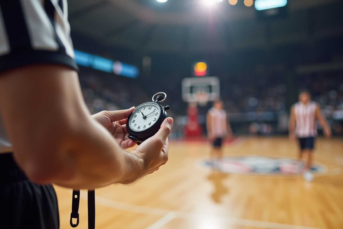 Arbitre tenant un sifflet et un chronomètre au bord du terrain