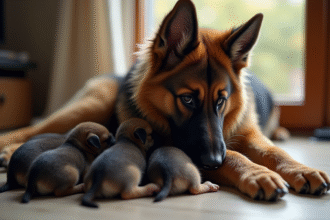 Mère berger allemand nourrissant ses chiots nouveau-nés en intérieur