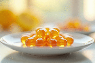 Capsules de vitamine C liposomale sur une assiette blanche