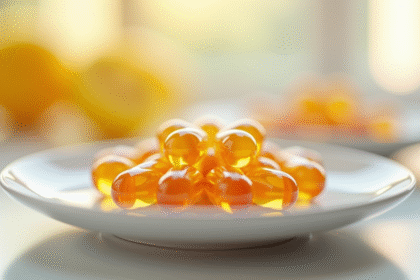 Capsules de vitamine C liposomale sur une assiette blanche