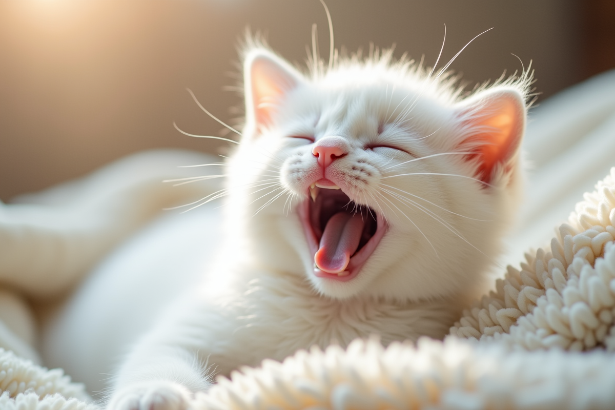 Chaton blanc pelucheux allongé sur une couverture douce