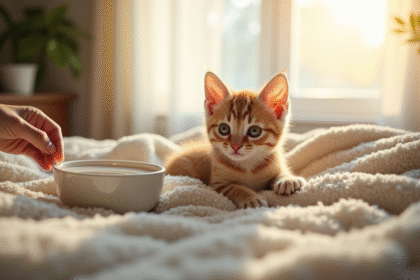 Petit chaton allongé sur une couverture ensoleillée dans un salon