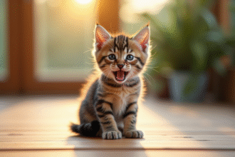 Petit chaton tigré assis sur un sol en bois en plein soleil