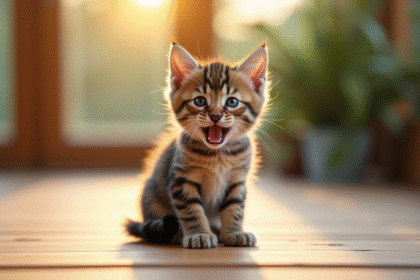 Petit chaton tigré assis sur un sol en bois en plein soleil