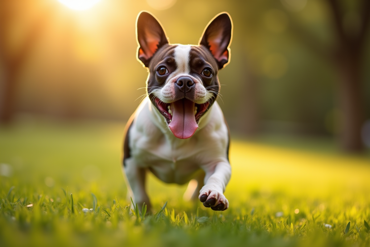 Bulldog francais jouant dans un parc ensoleille