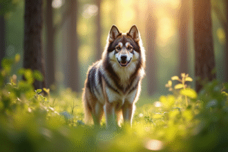 Keeshond dans une forêt lumineuse et verdoyante