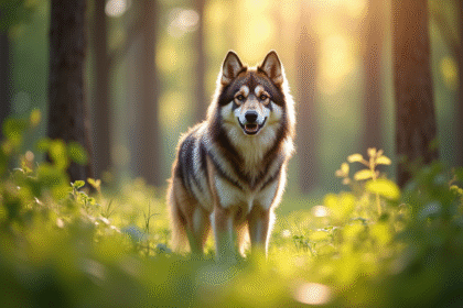 Keeshond dans une forêt lumineuse et verdoyante