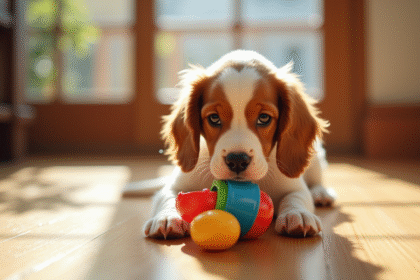 Chiot cocker spaniel jouant avec un jouet interactif coloré