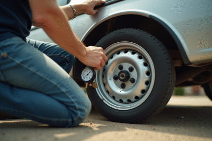 Personne vérifiant la pression d'un pneu de remorque en plein jour