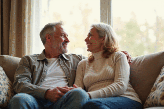 Couple d'âge moyen souriant dans un salon lumineux