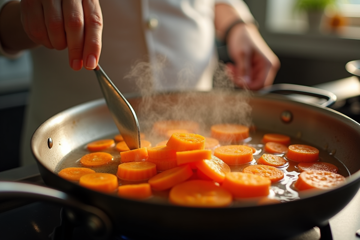 Chef remuant des carottes dans une poêle avec beurre