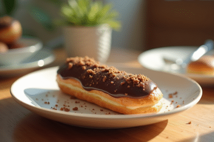 Éclair au chocolat frais sur assiette en céramique naturelle