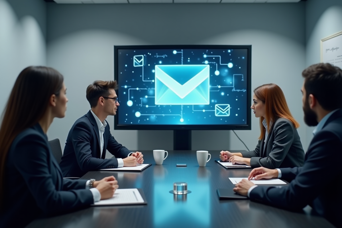 Equipe de professionnels collaborant autour d un écran affichant une messagerie