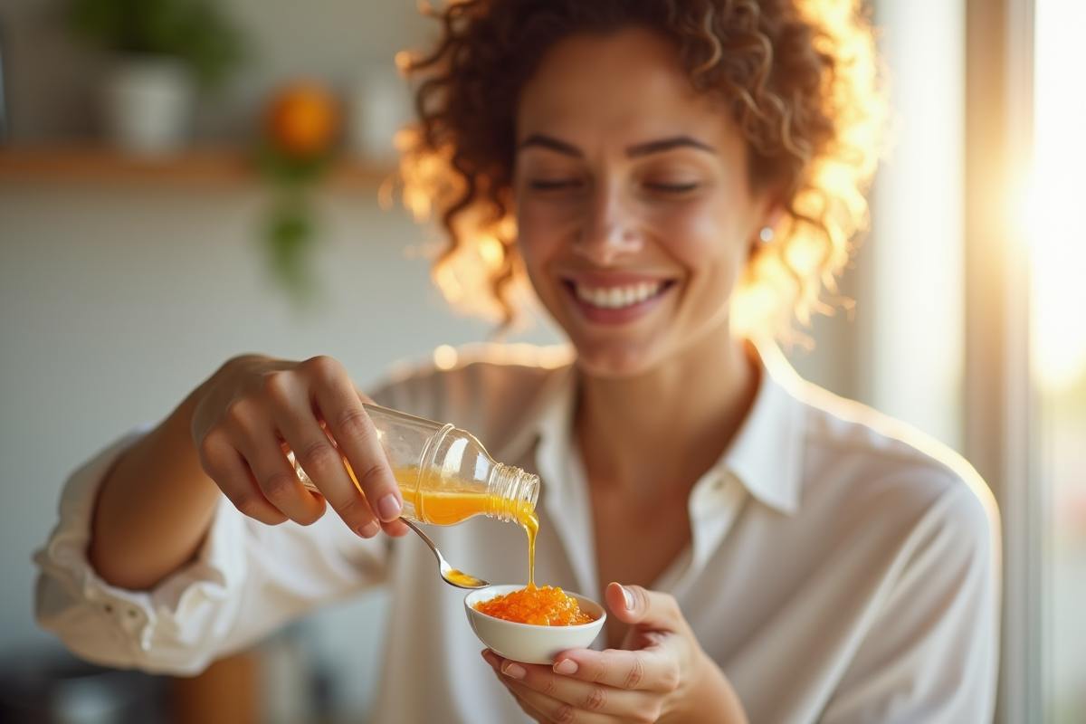 Femme souriante versant un supplement de vitamine C
