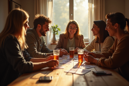 Groupe d'amis jouant aux cartes autour d'une table en plein jour