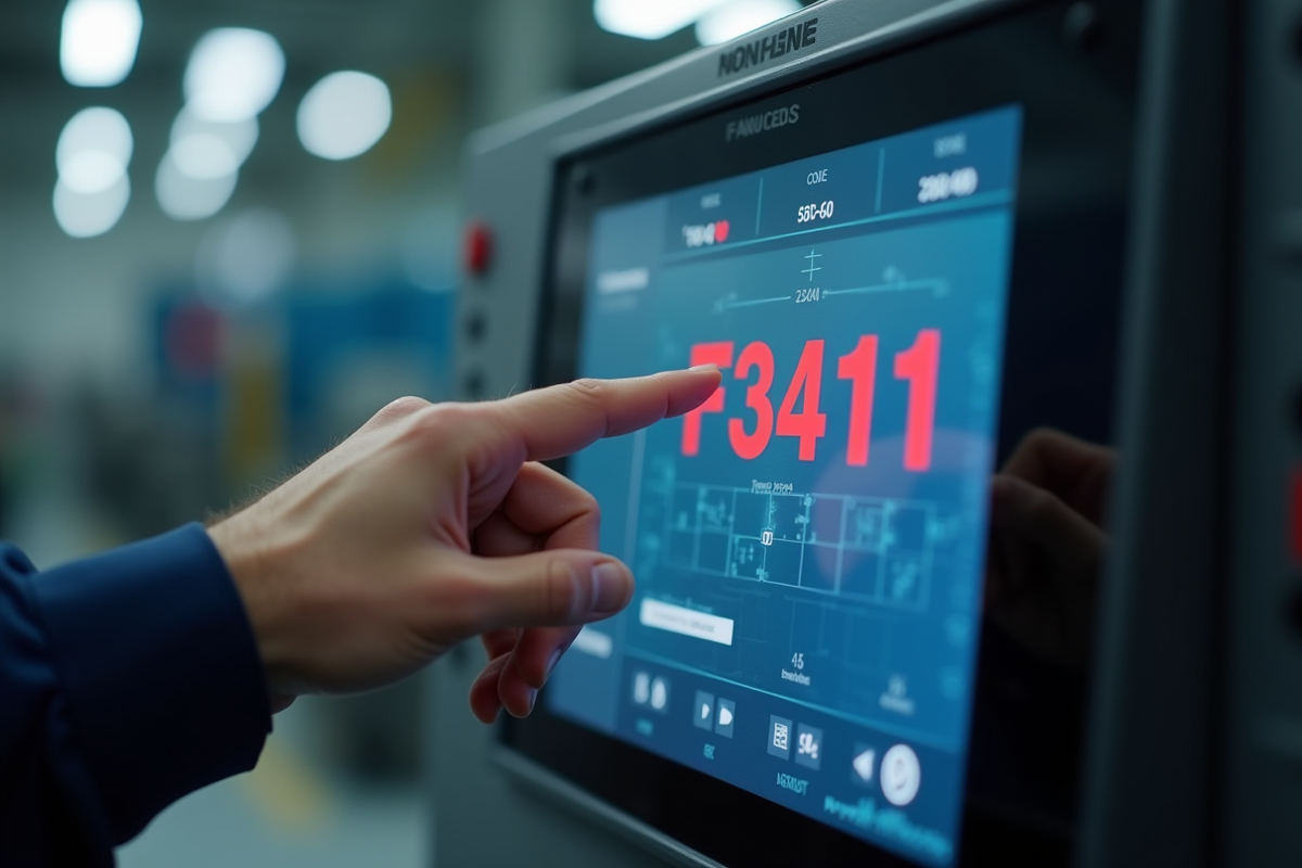 Main manipulant un écran tactile industriel avec erreur F3411