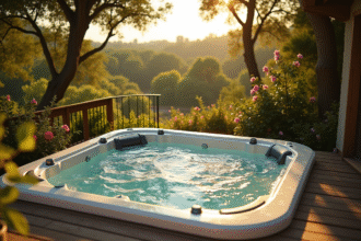 Jacuzzi extérieur sur terrasse en bois avec jardin méditerranéen