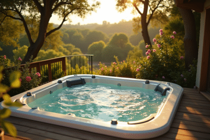 Jacuzzi extérieur sur terrasse en bois avec jardin méditerranéen