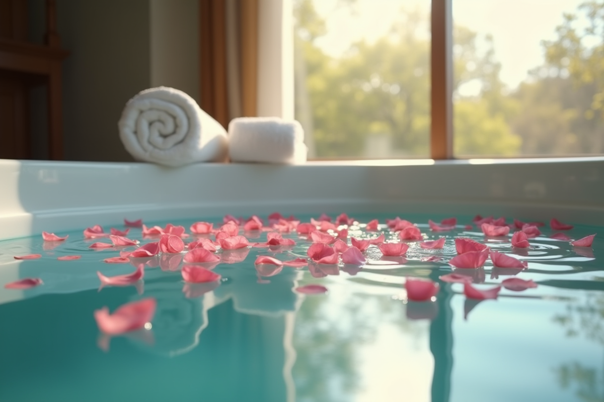 Jacuzzi intérieur avec pétales de rose et serviettes blanches
