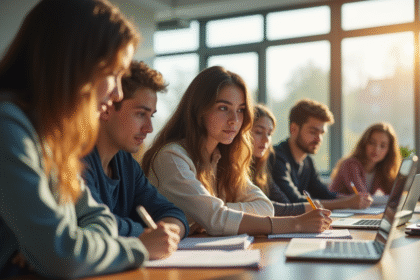 Groupe de jeunes adultes en étude dans une salle lumineuse