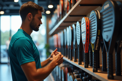 Joueur de padel examinant des raquettes en magasin lumineux
