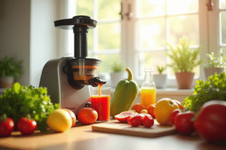 Fruits et légumes frais pressés en cuisine lumineuse