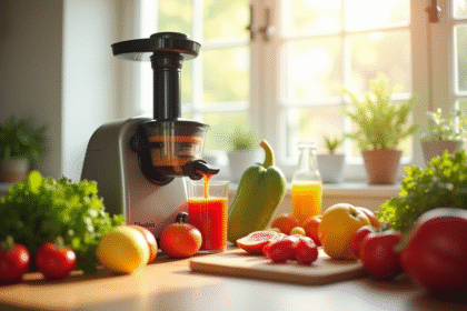 Fruits et légumes frais pressés en cuisine lumineuse