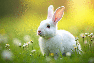 Lapin blanc dans une prairie verte ensoleillée
