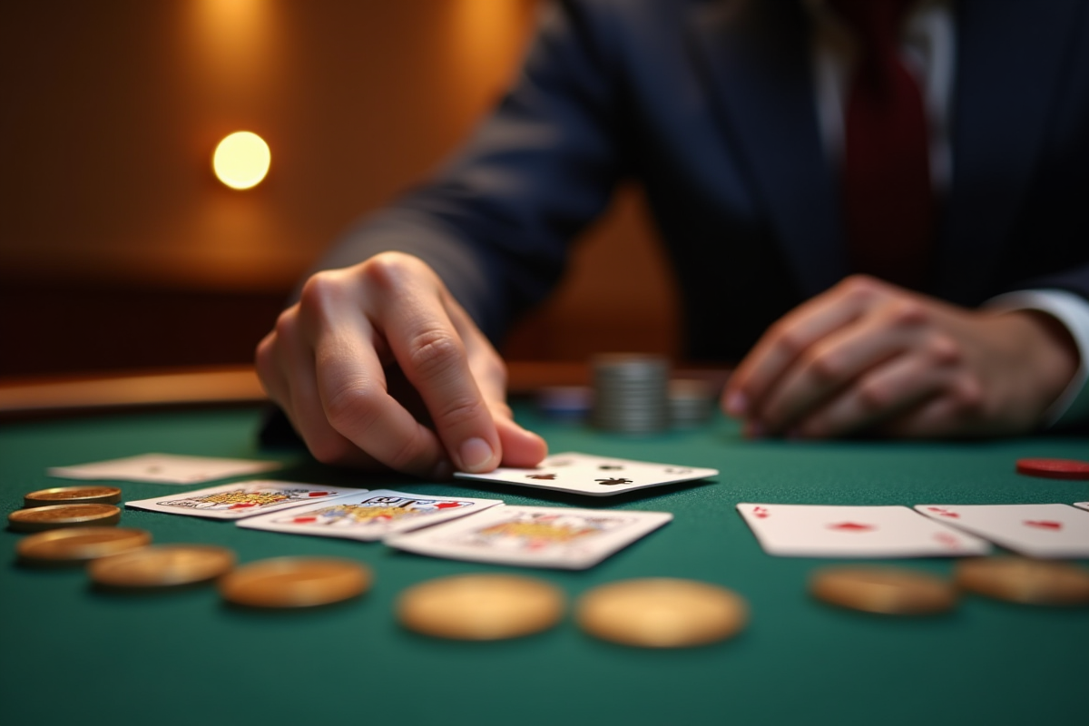 Main posant une carte sur une table avec autres cartes et pièces