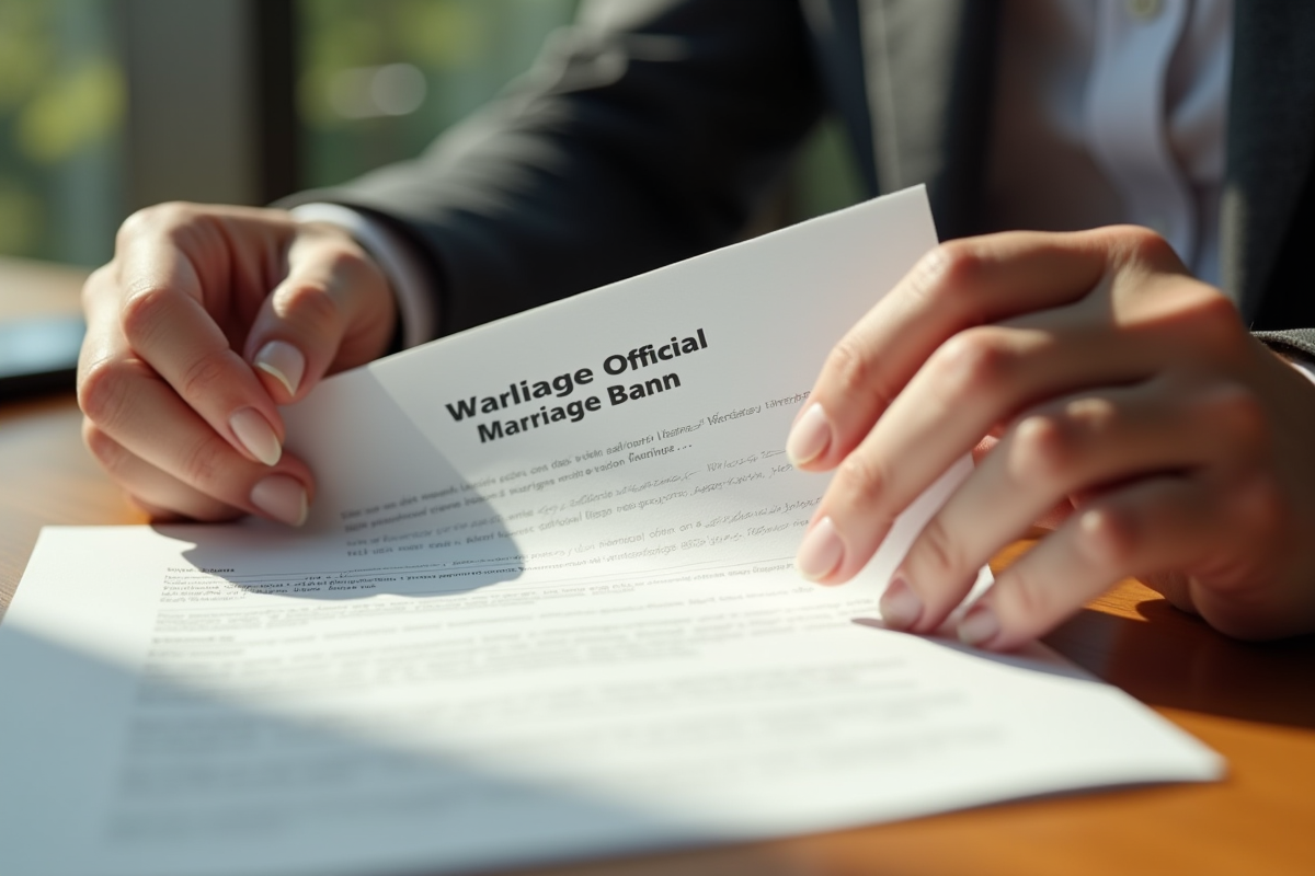Mains examinant un document officiel de bans de mariage sur un bureau ensoleille