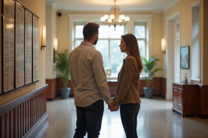 Couple lisant les bans de mariage dans la mairie lumineuse
