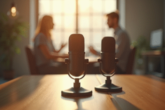 Deux microphones sur une table en bois dans un studio lumineux