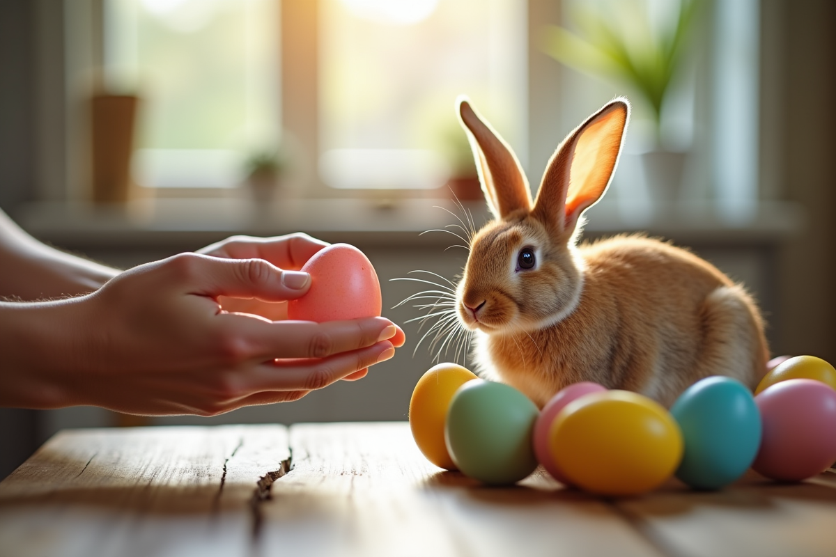 Mains posant des œufs de Pâques près d’un lapin curieux
