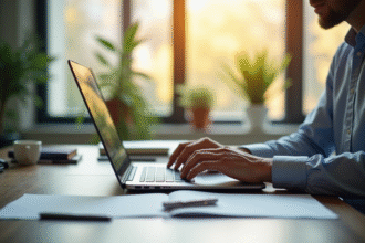 Ordinateur portable ouvert sur un bureau lumineux et organisé