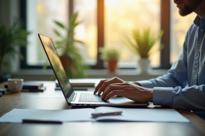 Ordinateur portable ouvert sur un bureau lumineux et organisé
