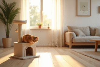 Salon moderne avec arbre à chat beige près de la fenêtre