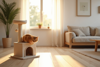 Salon moderne avec arbre à chat beige près de la fenêtre