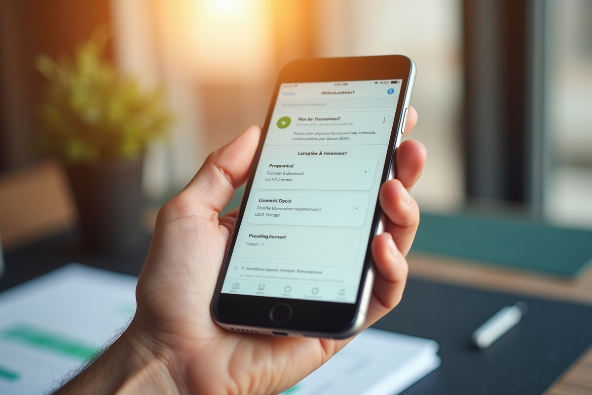 Main tenant un smartphone avec suivi de virement bancaire en français