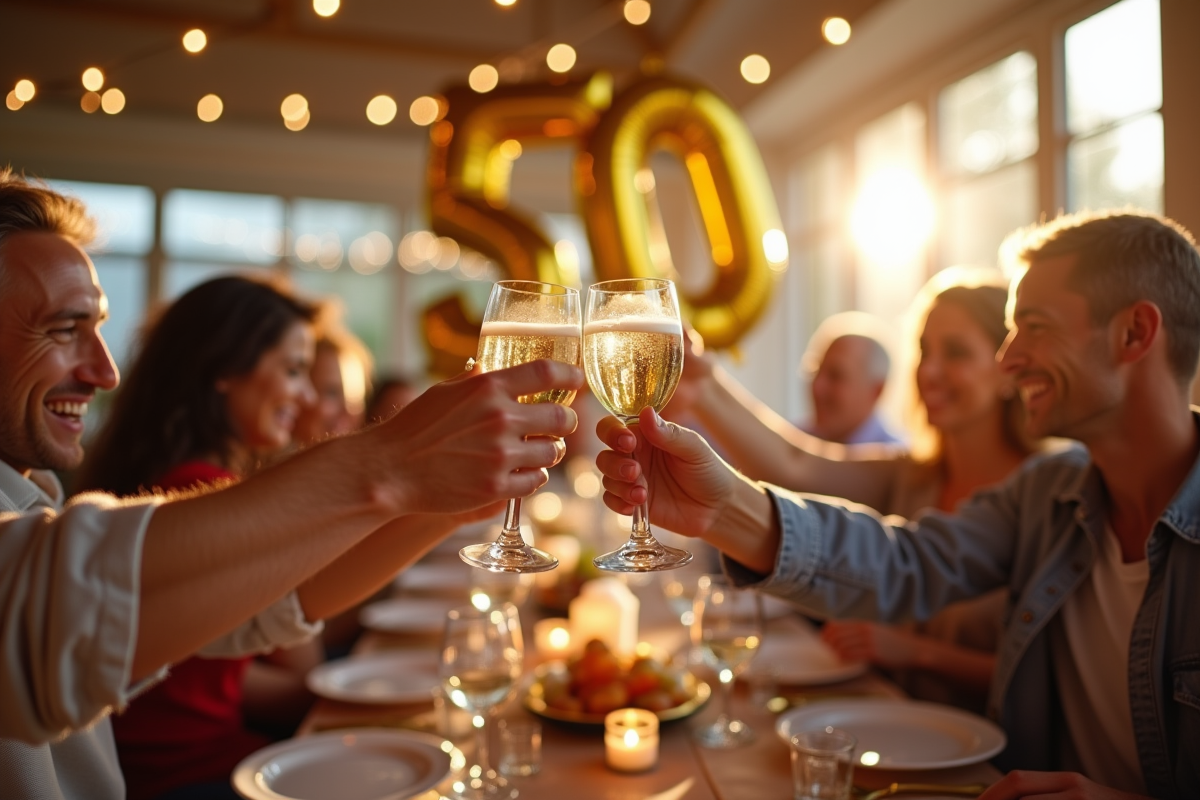 Famille et amis faisant un toast pour anniversaire 50 ans
