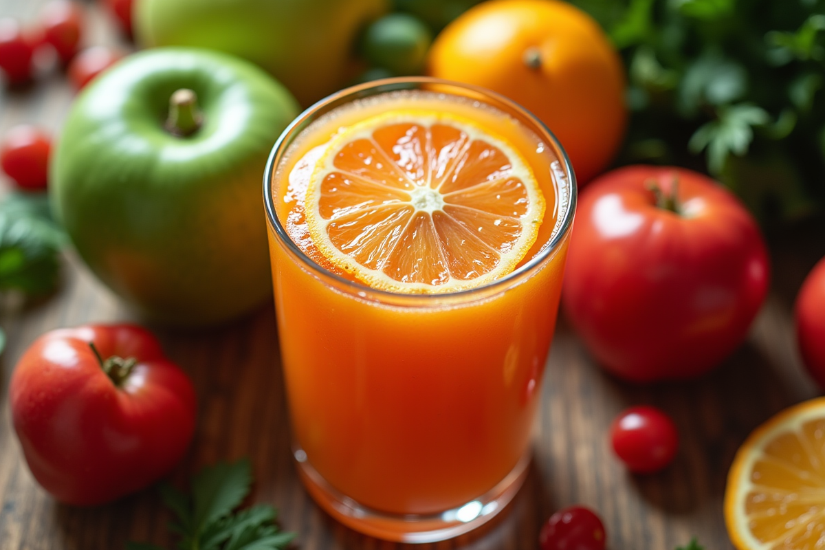 Verre de jus de fruits et légumes entouré de produits frais