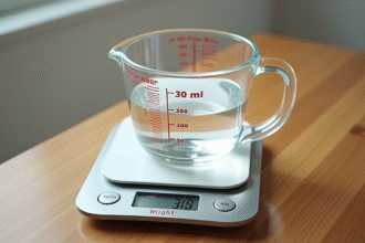 Verre mesureur avec 300 ml d'eau sur une balance