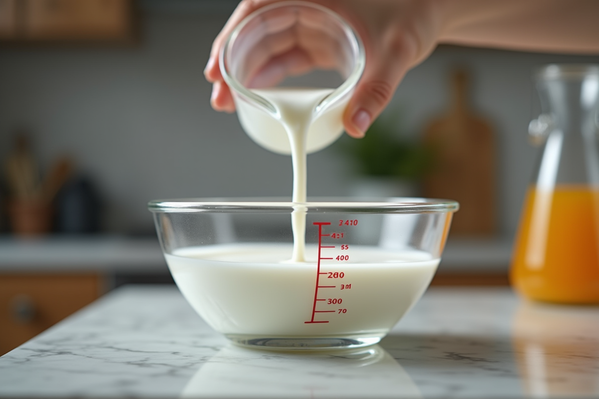 Main versant du lait dans un bol sur le plan de travail