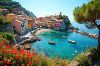Village côtier français avec maisons pastel et bateaux