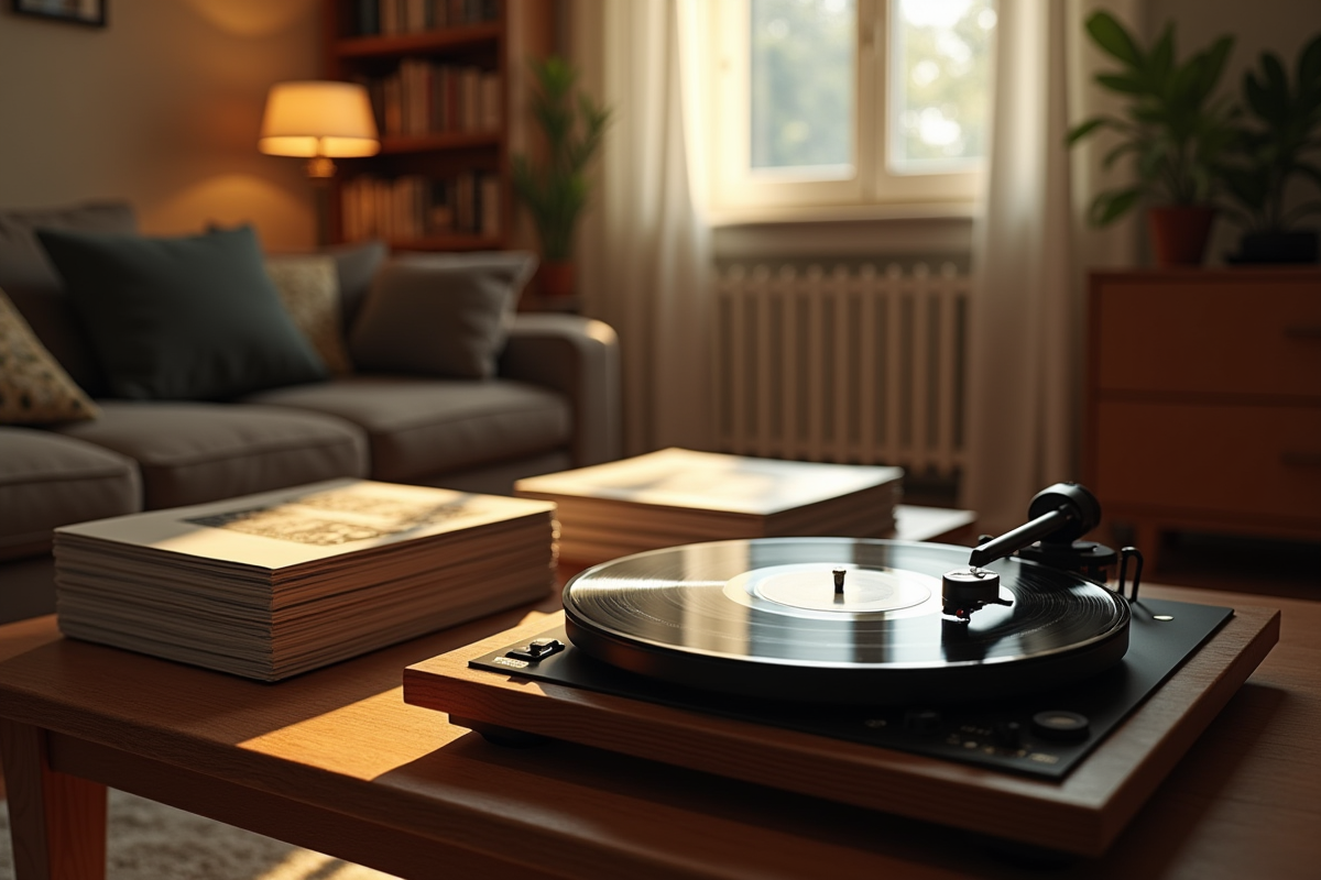 Salon chaleureux avec albums et vinyles de musique sous une lumière douce